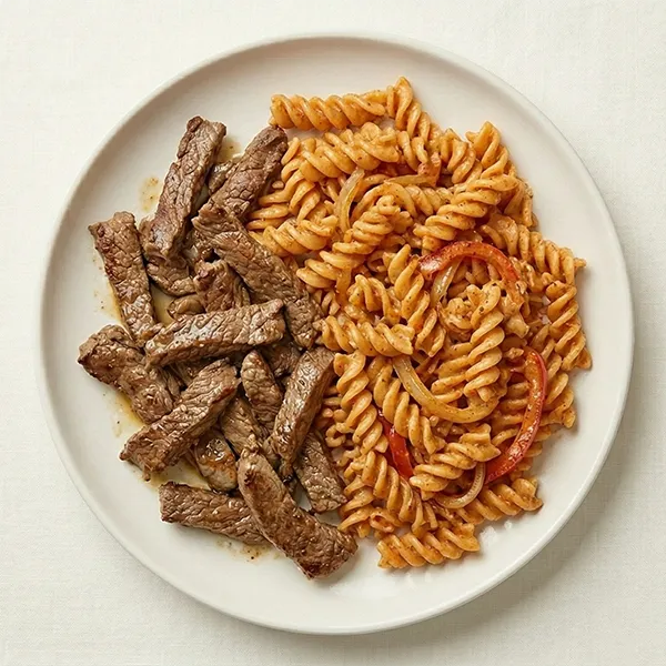 Beef Straccetti With Cajun Fussili pasta